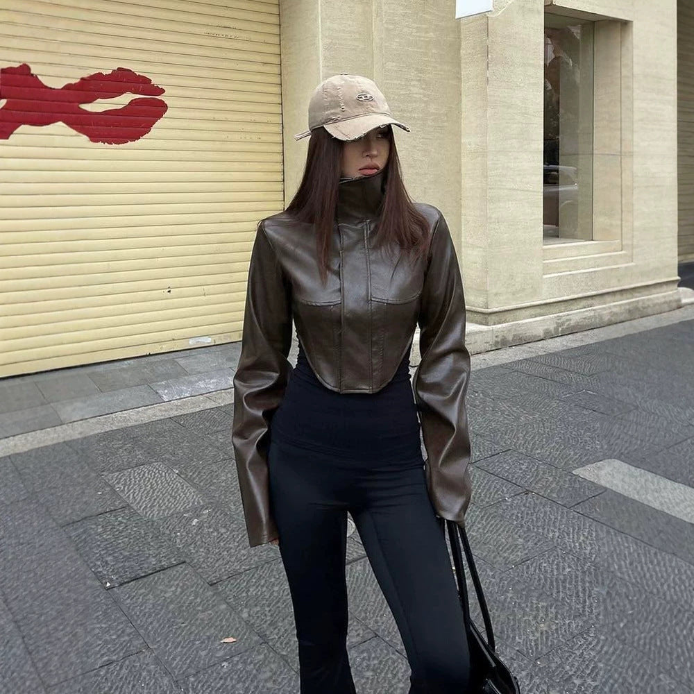 Women Cropped Faux Leather Corset Jacket with High Standing Collar and Extended Sleeves EVA-US