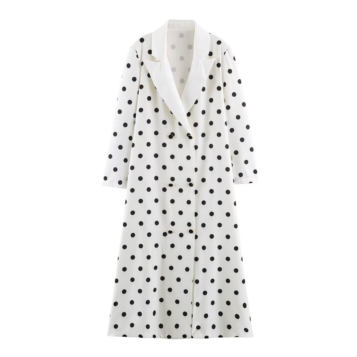 Women Mid-length Coat with Polka Dot Print, Double-breasted and Shawl Collar EVA-US