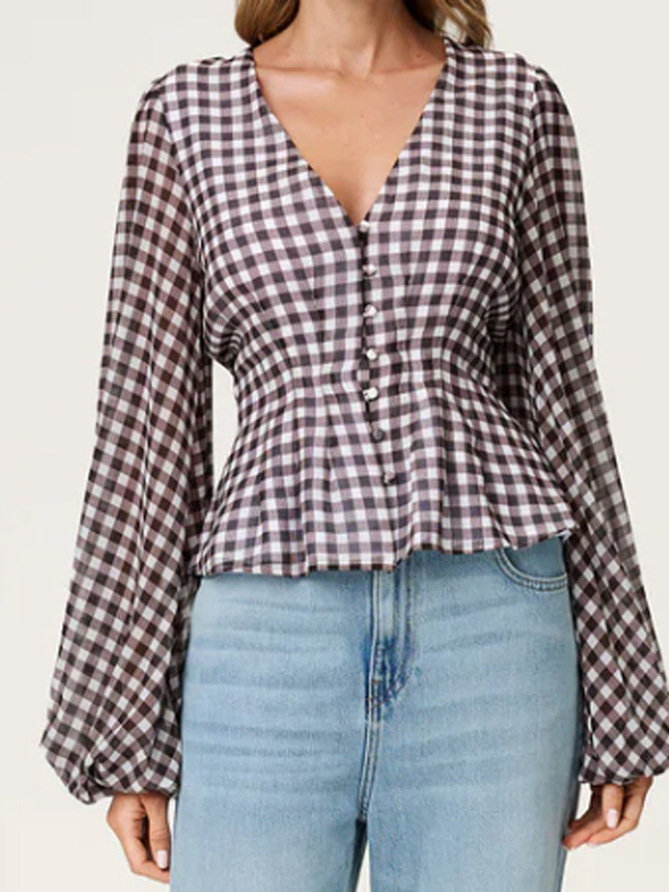 Women’s jacquard lace blouse with tailored peplum and balloon sleeves EVA-US