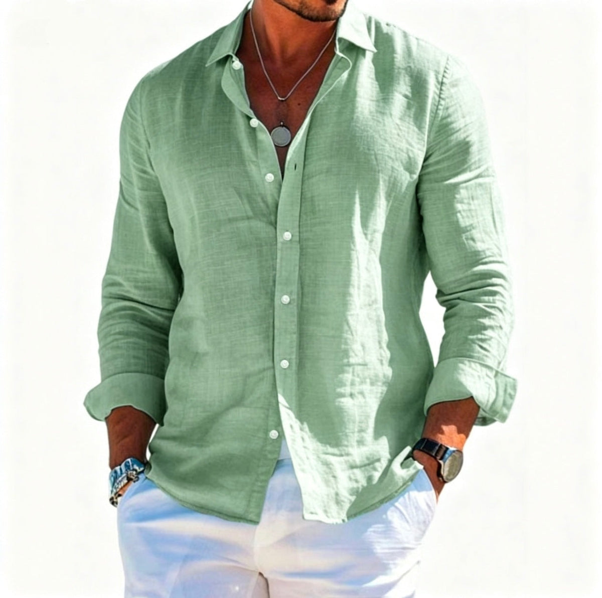 Men's textured linen shirt with open collar, lightweight texture, and casual-tailored fit EVA-US