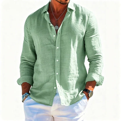 Men's textured linen shirt with open collar, lightweight texture, and casual-tailored fit EVA-US