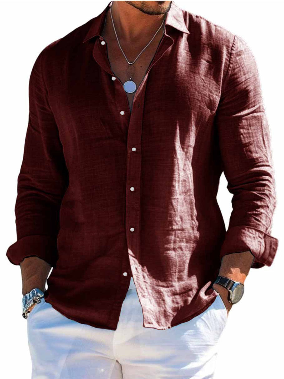 Men's textured linen shirt with open collar, lightweight texture, and casual-tailored fit EVA-US