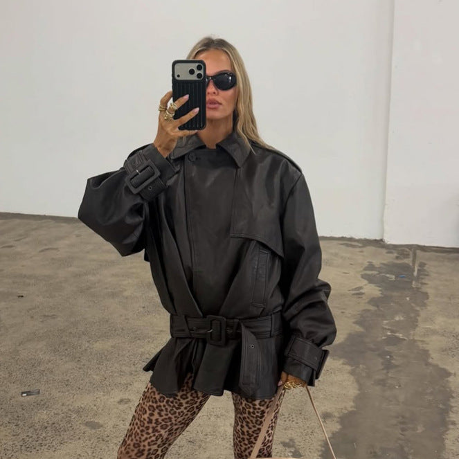 Women Oversize Leather Jacket with Shaping Tie Belt and Ruffle Hem EVA-US