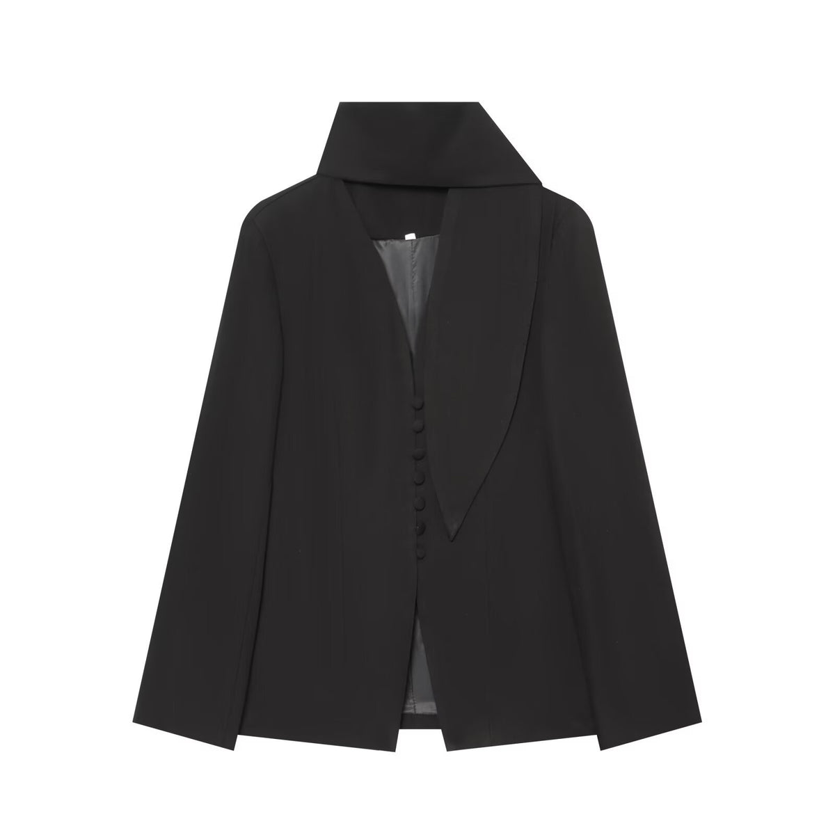 Women's Elegant Longline Blazer with High Funnel Collar and Overlapping Fabric Buttons EVA-US
