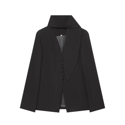 Women's Elegant Longline Blazer with High Funnel Collar and Overlapping Fabric Buttons EVA-US