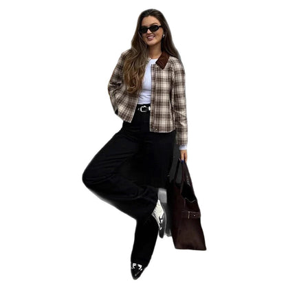 Women Boxy Check Transitional Blouse with Contrasting Shirt Collar EVA-US