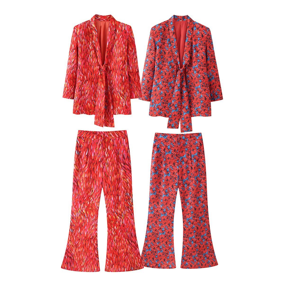 Women's Two-Piece Blazer and Flared Pants Set with Knot Detail EVA-US