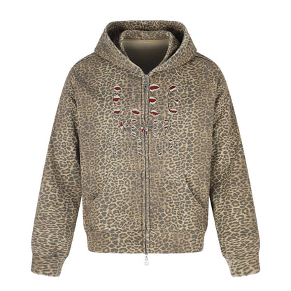 Women's hooded jacket in boxy cut with leopard print and distressed embroidery EVA-US