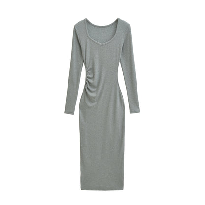 Women's Fitted Midi Dress with Side Ruching and Double Neckline EVA-US