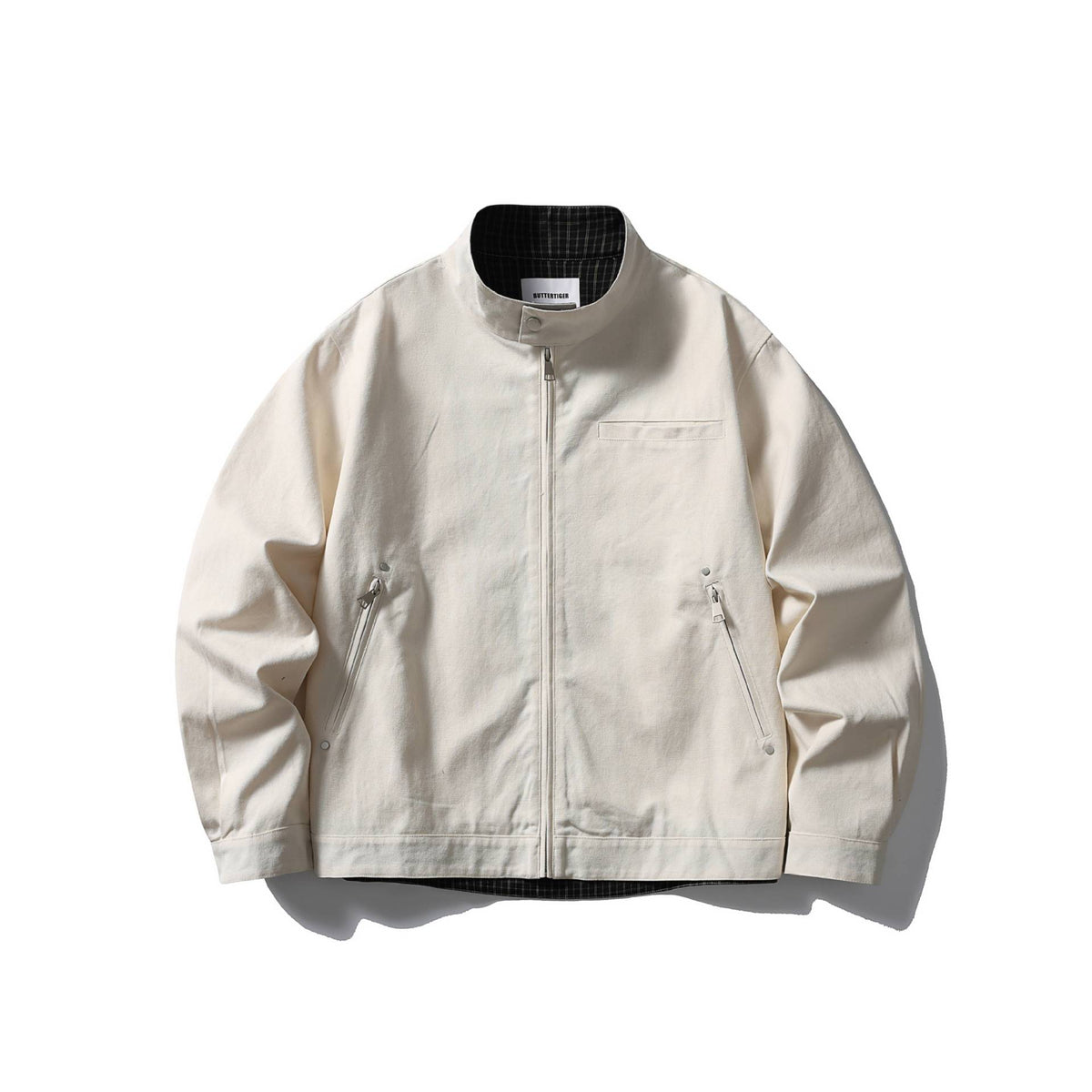 Men's short jacket with stand-up collar, concealed zipper, and checked inner lining EVA-US