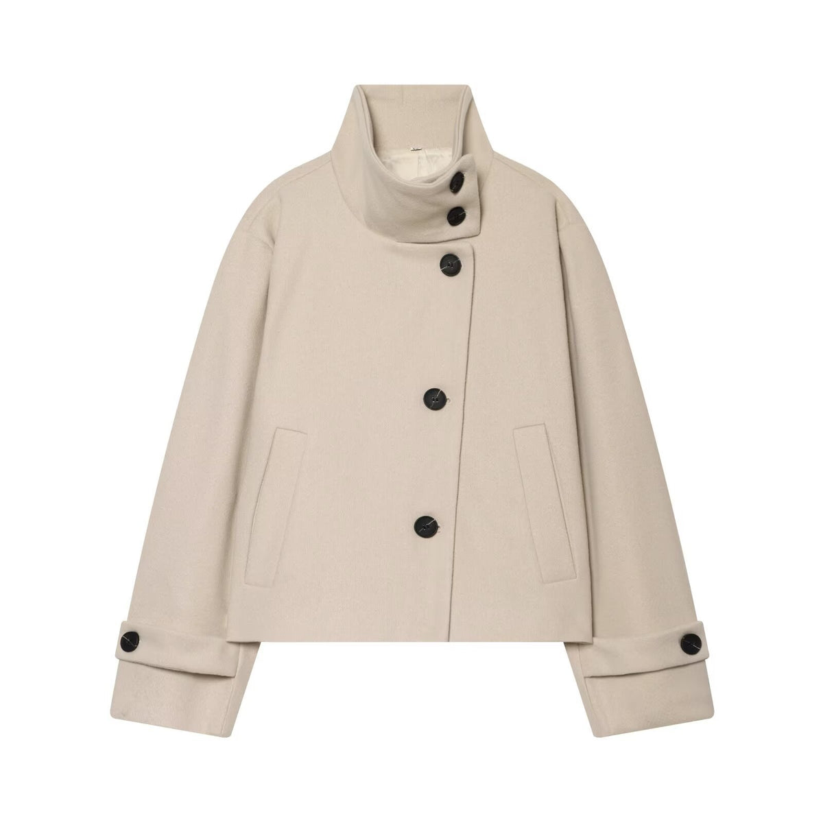 Women's Short Cape Jacket made of Wool Blend with High Roll Neck and Cuff Detail EVA-US