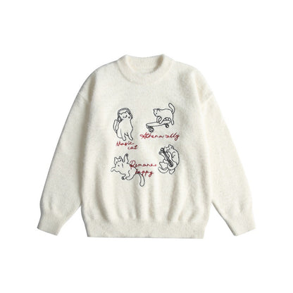 Women's Soft Sweater with Playful Cat Embroidery and Light Stand-up Collar EVA-US