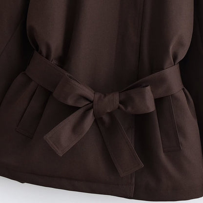 Women's Short Cape Trench Coat with Stand-up Collar, Shoulder Straps and Belt EVA-US