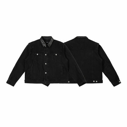 Men's Boxy Denim Jacket with Faux Leather Collar and Visible Metal Buttons EVA-US