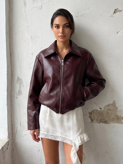 Women's short jacket made of vegan smooth leather look with pointed shirt collar and front zipper EVA-US