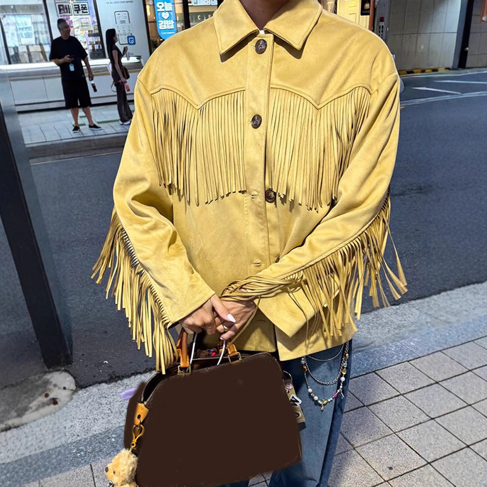 Women's Oversize Fringed Jacket in Western Style made of Suede Look with Shirt Collar EVA-US