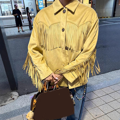 Women's Oversize Fringed Jacket in Western Style made of Suede Look with Shirt Collar EVA-US