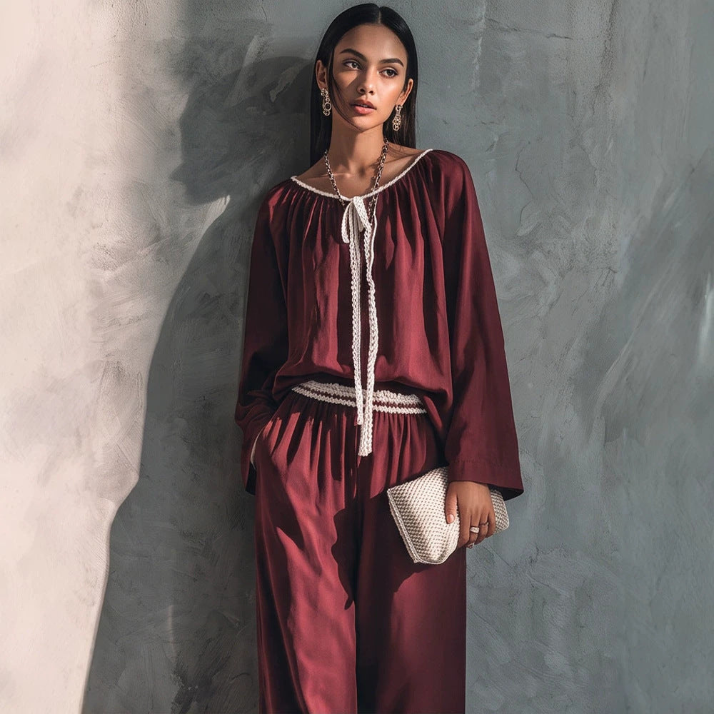 Ladies Flowing Two-Piece Loungewear Set in Silk Look with Wide Palazzo Pants and Gathered Tunic EVA-US