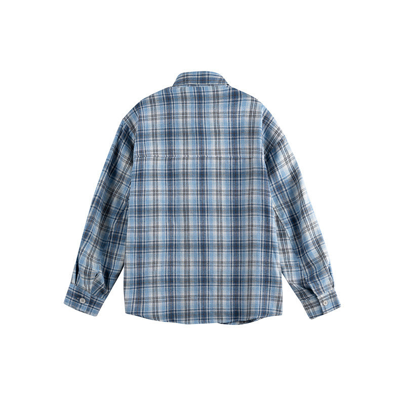 Women's Loose Checkered Shirt Blouse in Boxy Relaxed Cut with Patch Breast Pocket and Fine Embroidery EVA-US