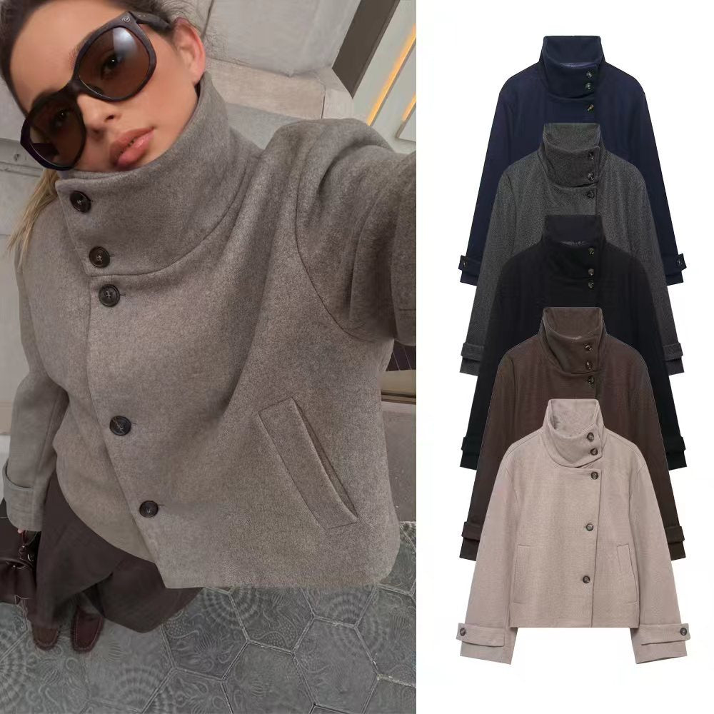 Women's Cropped Wool Blend Short Jacket with High Stand Collar, Asymmetric Button Placket and Cuffed Sleeves EVA-US
