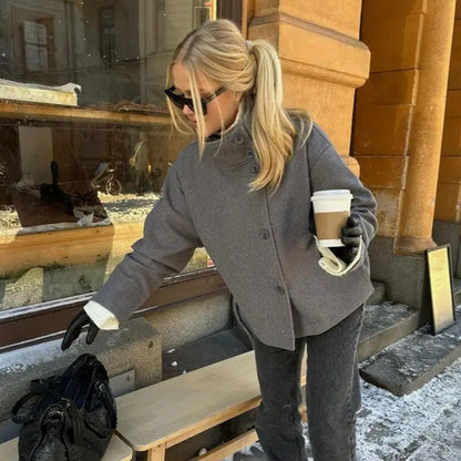 Women's 9800+ short boxy wool blend jacket with high funnel collar, asymmetrical button placket and adjustable cuffs EVA-US