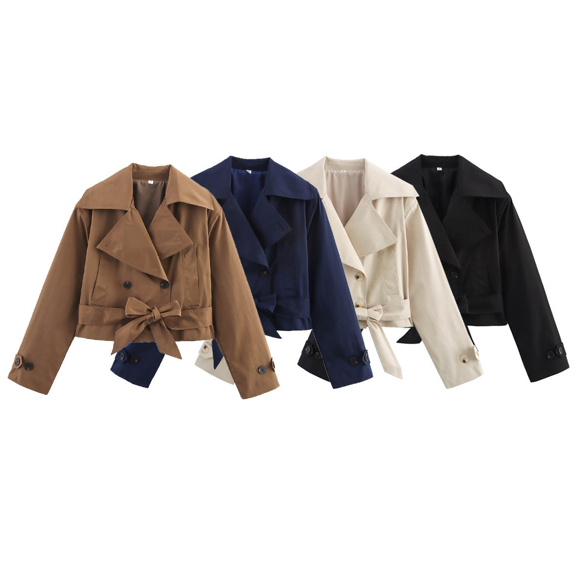 Women Short Cropped Trench Coat with Wide Shawl Collar, Waist Belt to Tie and Decorative Cuffs EVA-US