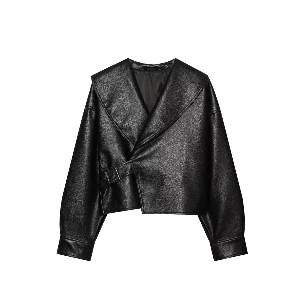 Women's Cropped Leather-Look Jacket with Oversized Shawl Collar and Tailoring Buckle Belt EVA-US