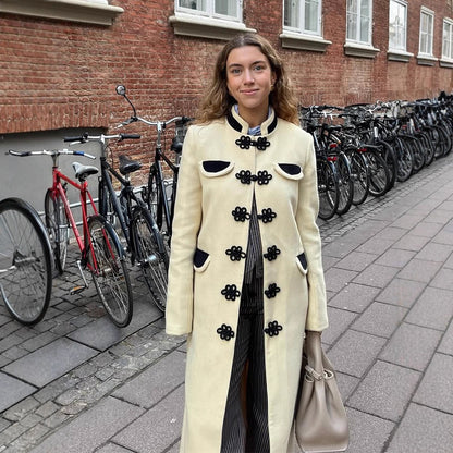 Women's Maxi-Length Tailored Wool Blend Coat with Stand-Up Collar and Decorative Frog Closures EVA-US