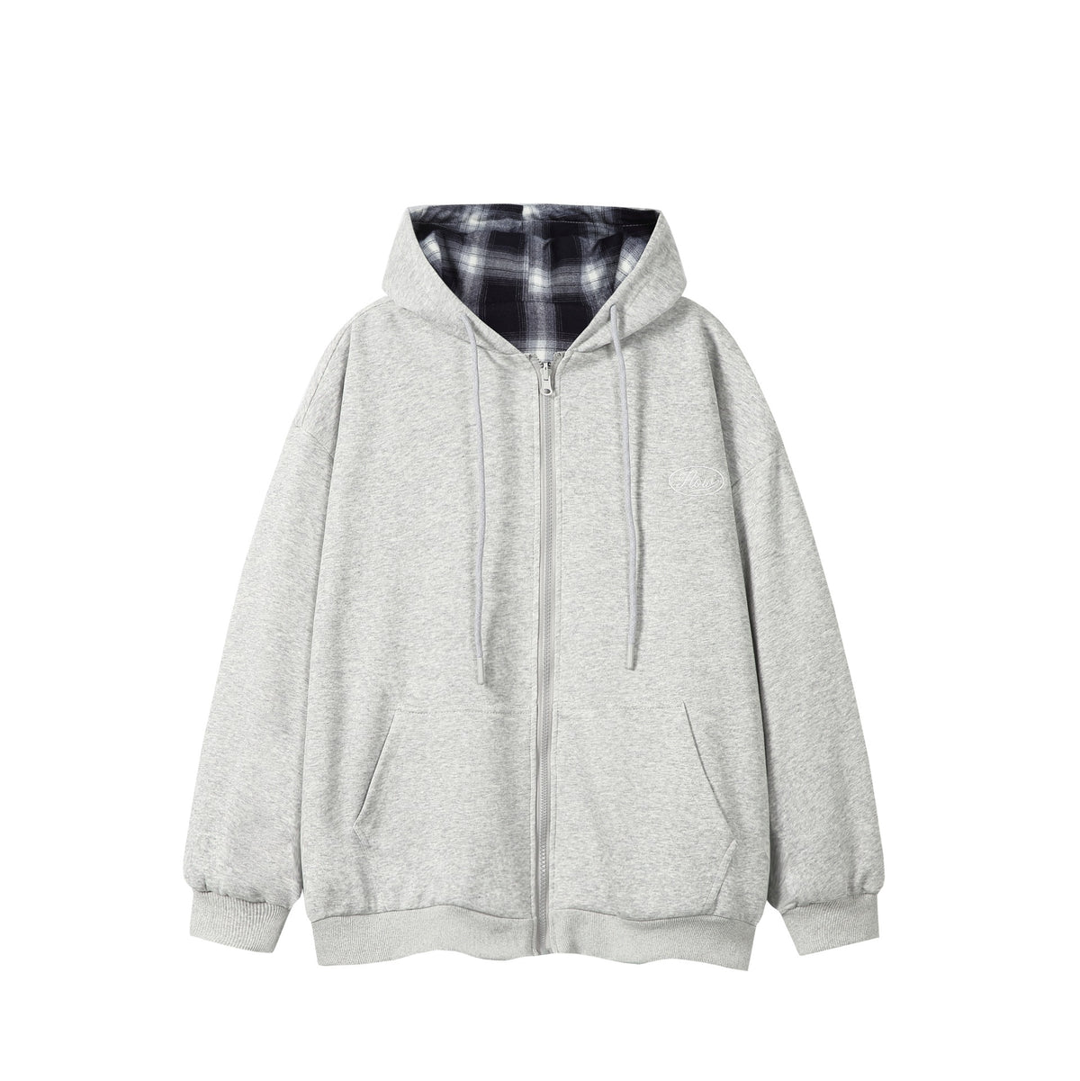 Unisex Oversize Hoodie Zipper Jacket with Checkered Hood Lining and Kangaroo Pockets EVA-US