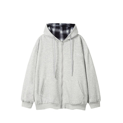 Unisex Oversize Hoodie Zipper Jacket with Checkered Hood Lining and Kangaroo Pockets EVA-US