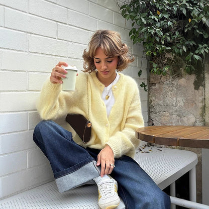 Women's Fluffy Short Jacket made of Mohair Mix with Round Neck and Boxy Silhouette EVA-US