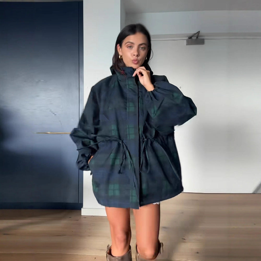 Women's Oversized Jacket in a Casual Check Design with Practical Pockets and Waist Drawstring EVA-US