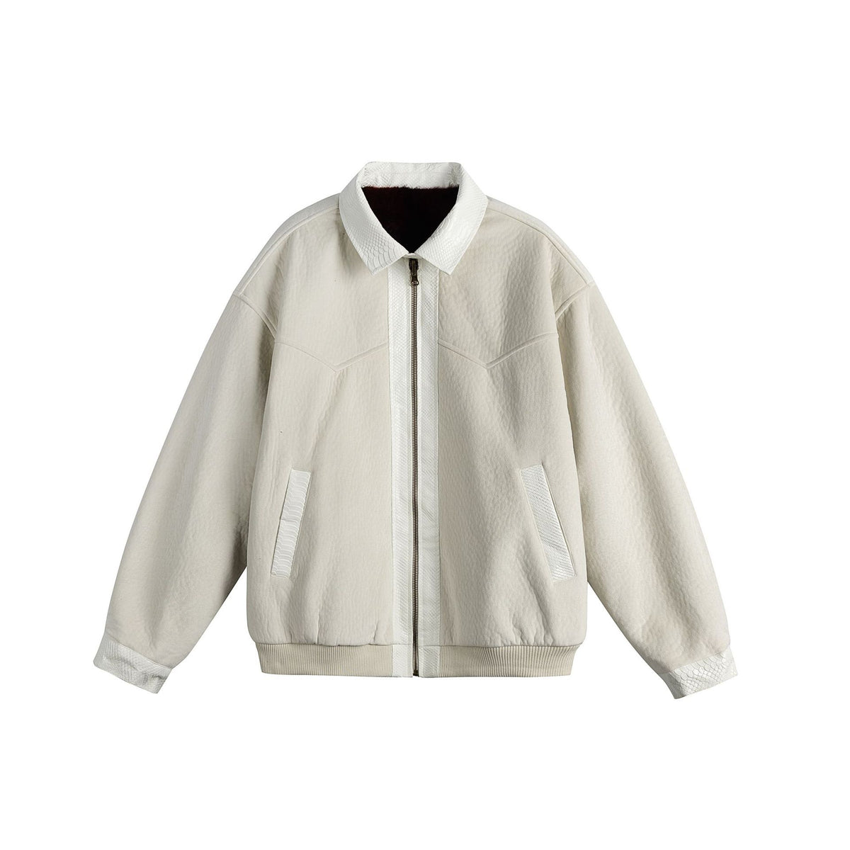 Unisex Oversize Blouson Jacket made of Velours-Suede with reptile embossed trim and warming teddy lining EVA-US