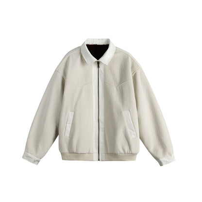 Unisex Oversize Blouson Jacket made of Velours-Suede with reptile embossed trim and warming teddy lining EVA-US