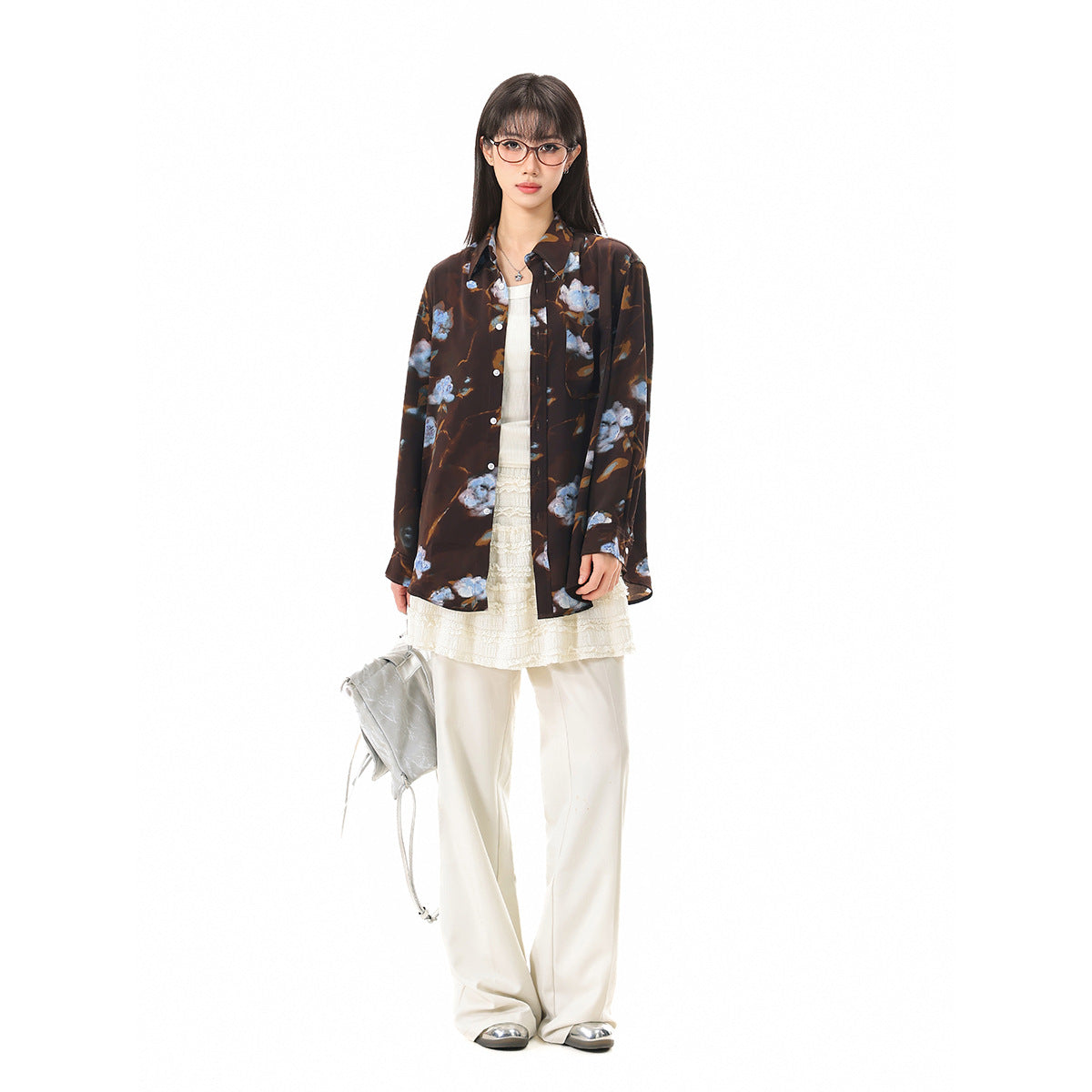 Women's Oversized Shirt Blouse with Abstract Flower Print and Patch Pocket EVA-US