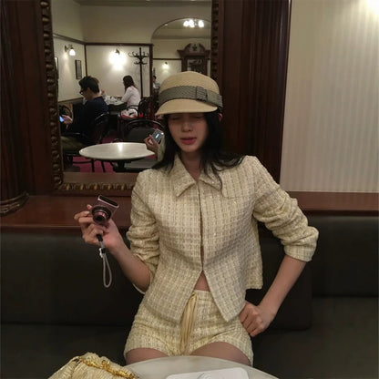 Women Two-Piece Boucle Set with Short Jacket and Drawstring Shorts EVA-US