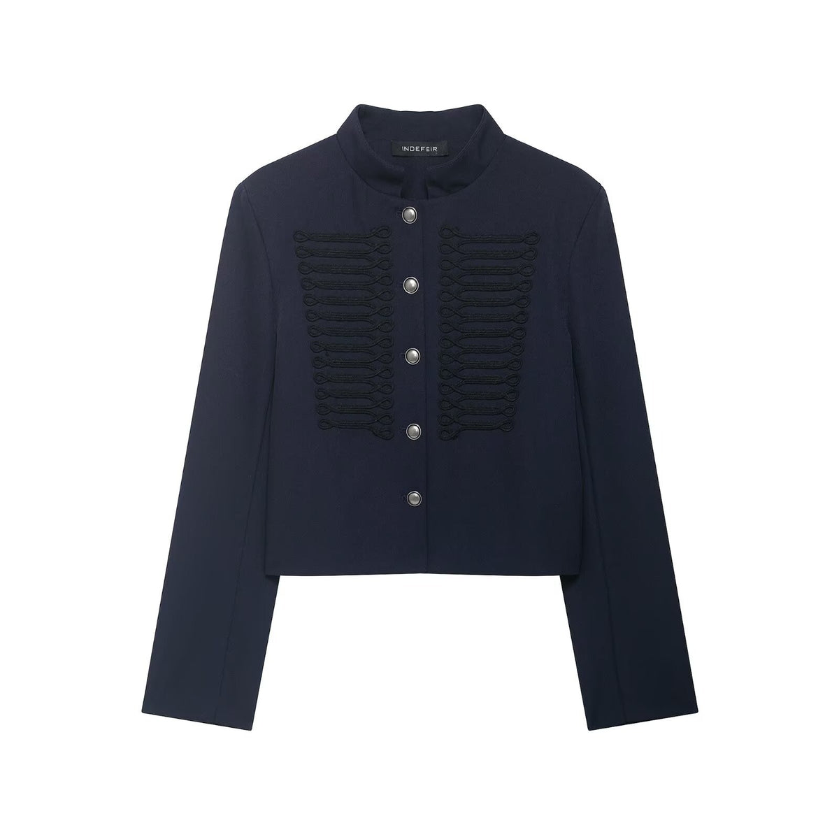 Women Short Military-Inspired Wool Blend Blazer with Stand-Up Collar and Decorative Cord Detail EVA-US
