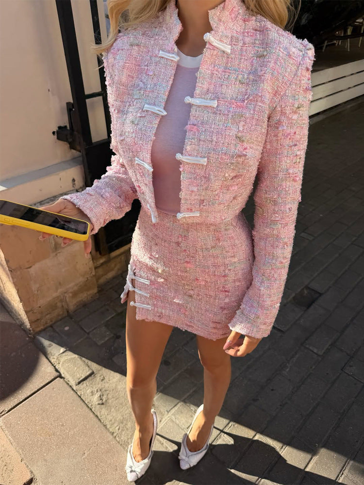 Ladies Tweed Two-Piece Short Jacket and Mini Skirt in Boucle Style EVA-US