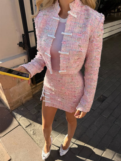 Ladies Tweed Two-Piece Short Jacket and Mini Skirt in Boucle Style EVA-US