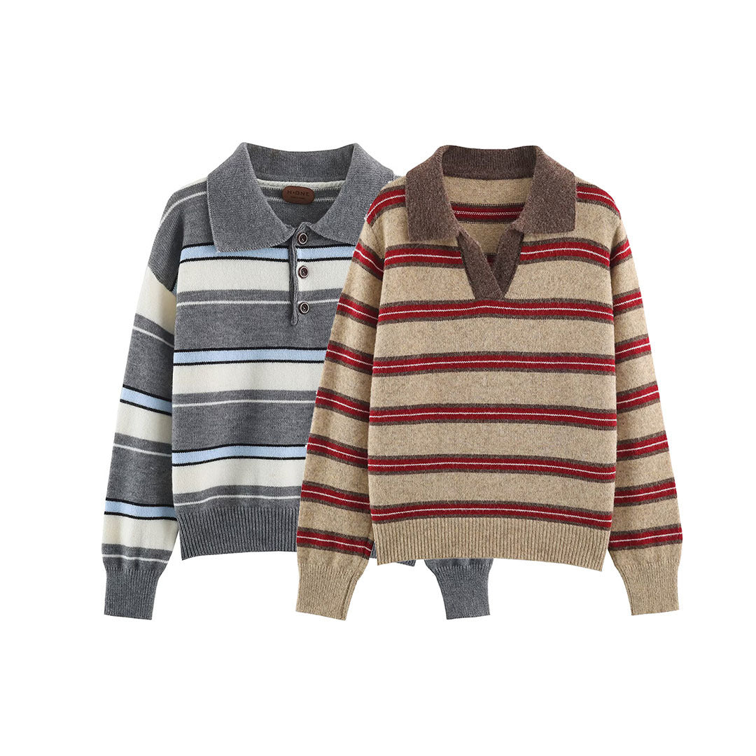 Women Striped Oversize Sweater with Polo Collar and V-Neck EVA-US