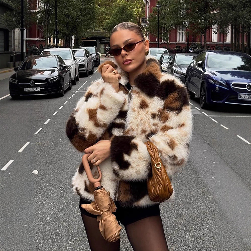 Women's Short Patchwork Faux Fur Blouson with Stand Collar and Concealed Zipper EVA-US