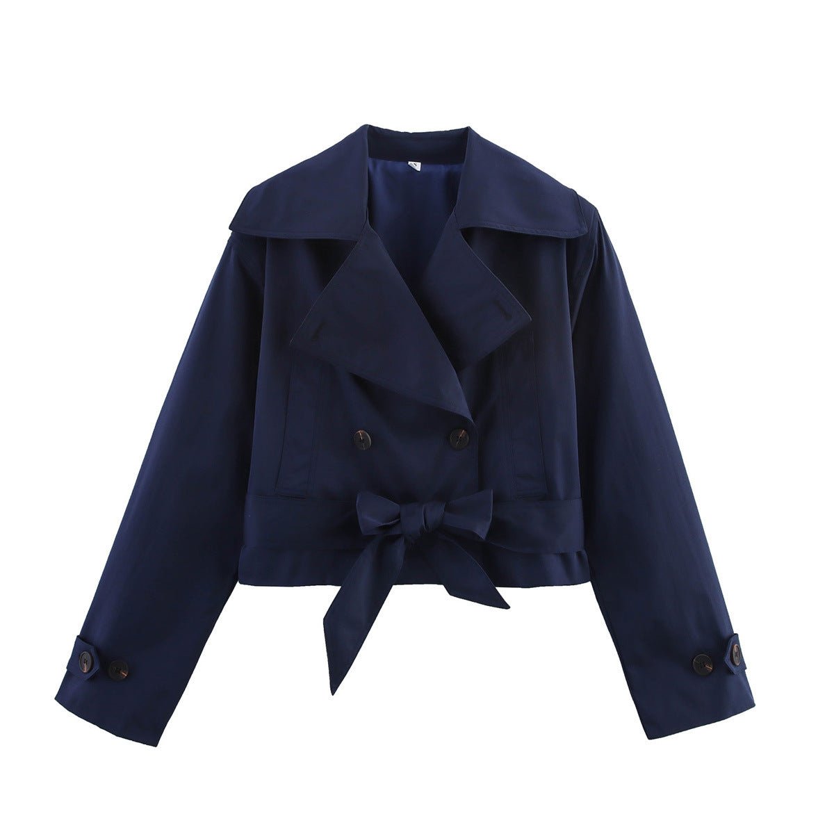 Women Short Cropped Trench Coat with Wide Shawl Collar, Waist Belt to Tie and Decorative Cuffs EVA-US
