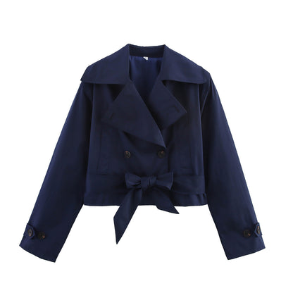 Women Short Cropped Trench Coat with Wide Shawl Collar, Waist Belt to Tie and Decorative Cuffs EVA-US