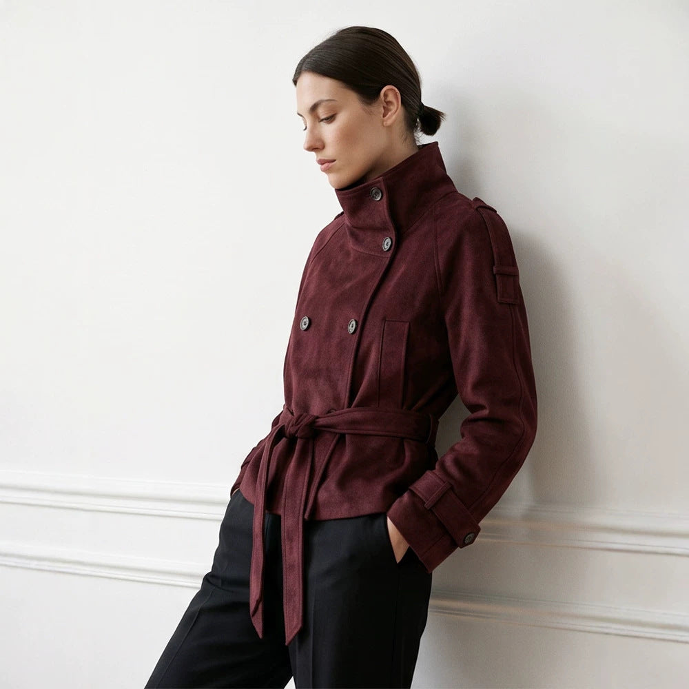 Women's Tailored Short Jacket in Suede Look with Double Breasted and Stand-Up Collar EVA-US