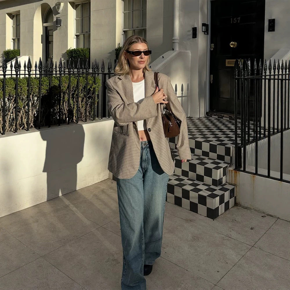 Women Oversize Glencheck Blazer with Boxy Silhouette and Patch Pockets EVA-US