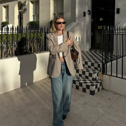 Women Oversize Glencheck Blazer with Boxy Silhouette and Patch Pockets EVA-US