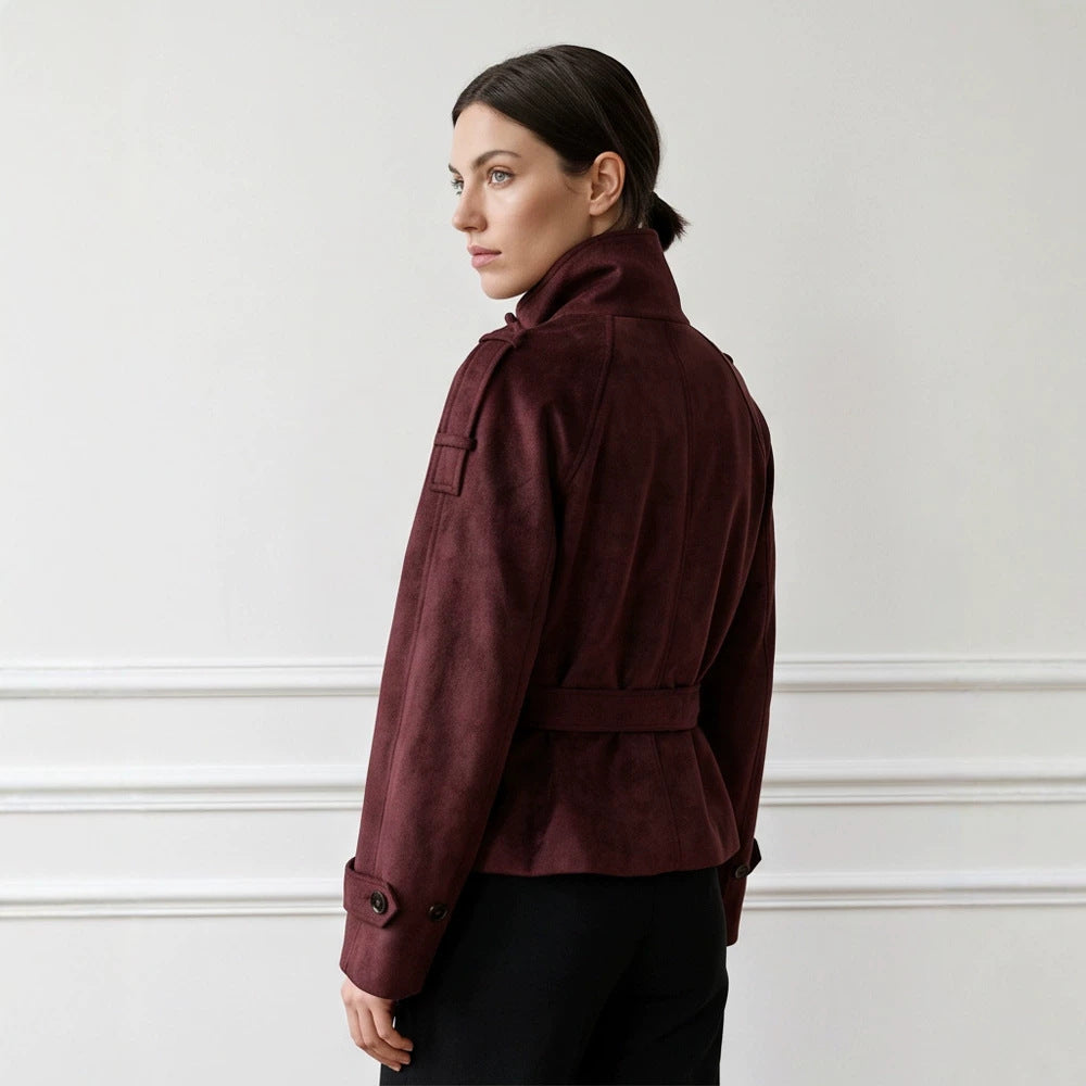 Women's Tailored Short Jacket in Suede Look with Double Breasted and Stand-Up Collar EVA-US