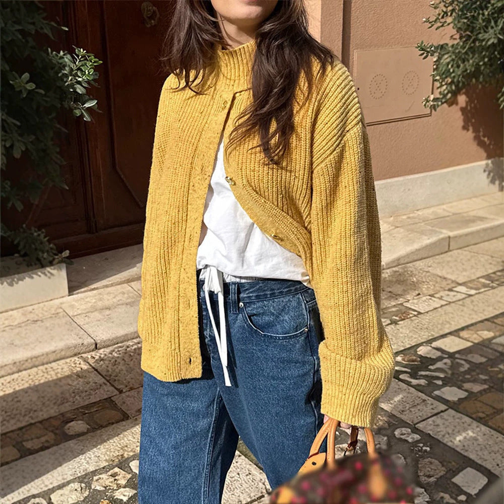Women's Oversized Knit Jacket with Ribbed Structure and Stand-Up Collar EVA-US