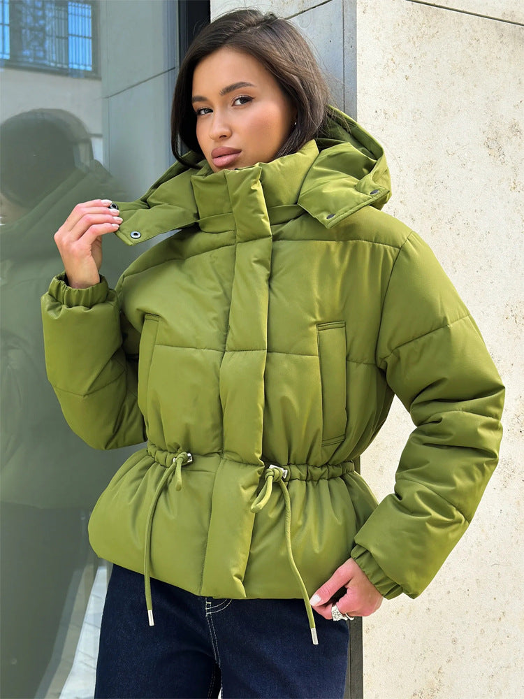 Women’s short padded hooded jacket with waist drawstring and high stand-up collar EVA-US