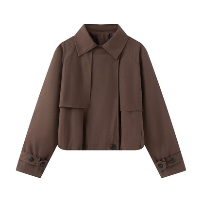 Women's Cropped Short Jacket with Cape Front, Shirt Collar and Adjustable Cuffs EVA-US